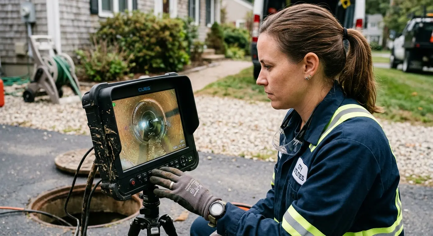 Technician reviewing sewer camera inspection footage in Front Royal