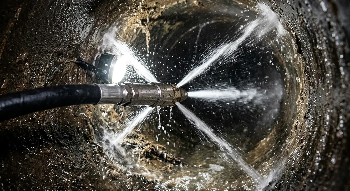 High-pressure hydro jetting nozzle cleaning sewer pipe for Emergency Drain Service in Front Royal
